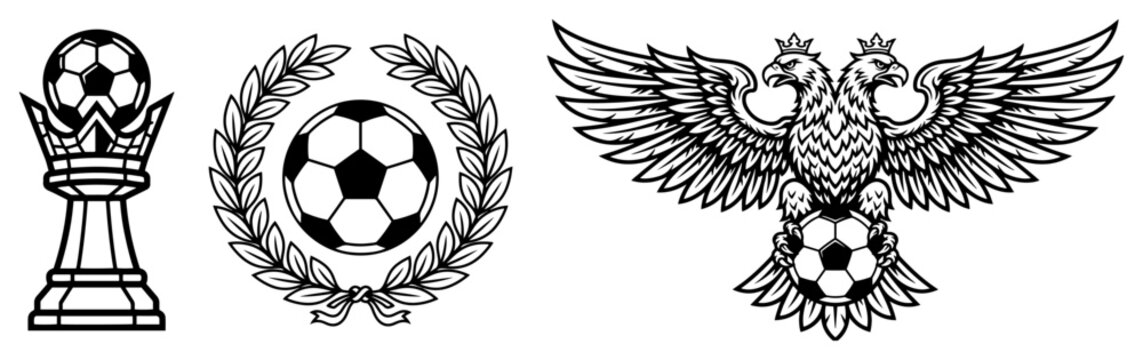 Soccer heraldic emblems set with trophy laurel wreath and double-headed eagle