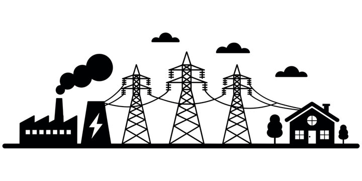 Black and white of power plant with transmission towers and house electricity industrial in white background