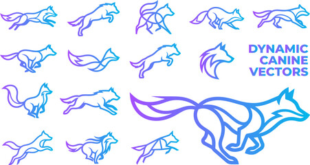 Dynamic canine vectors fox wolf running jumping leaping action poses dynamic motion stylized outline. © Kamalbd
