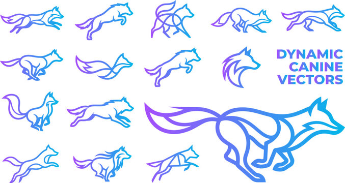 Dynamic canine vectors fox wolf running jumping leaping action poses dynamic motion stylized outline.