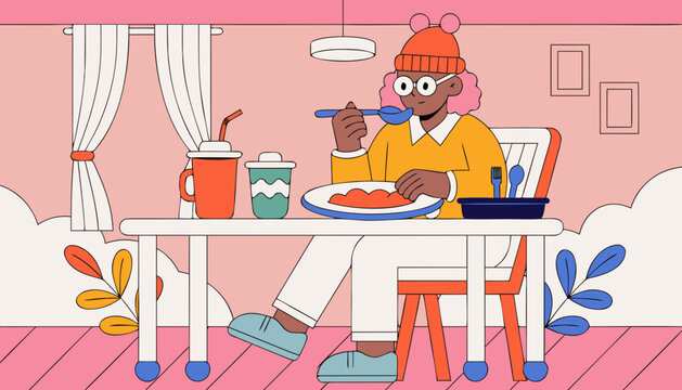 Person eating with adaptive plate in accessible home environment, inclusive dining concept supporting disability independence and assisted living