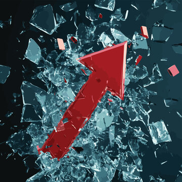 A bold red arrow breaking through shards of glass, symbolizing growth and breakthrough in business.