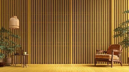 Obraz premium Interior space features a warm yellow slatted wall backdrop with traditional furnishings and potted greenery