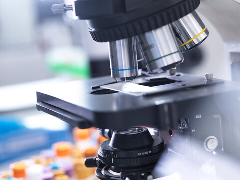Close-up of microscope in laboratory for medical research