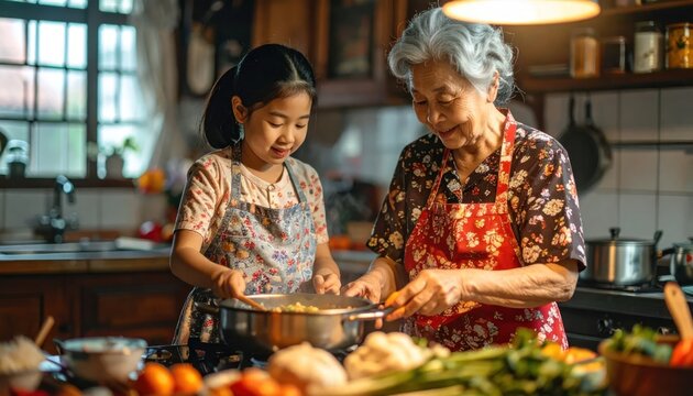 Grandmother and Granddaughter Cooking Together in a Cozy Kitchen.