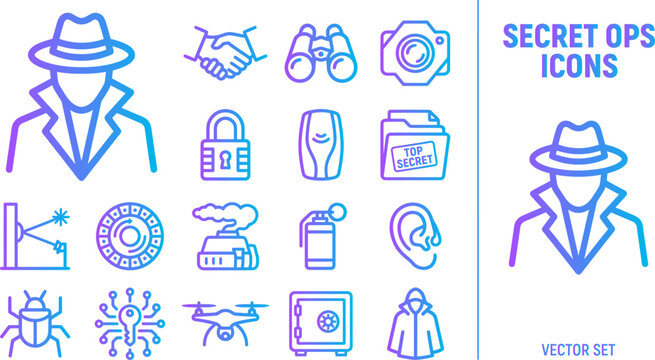 Secret ops icons vector set spy espionage surveillance investigation detection investigation secret agent concept.