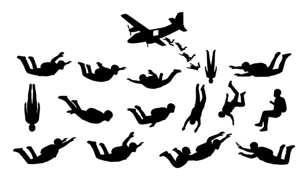 Skydiver Silhouettes Vector Set with Airplane and Freefall Adventure Sport Poses