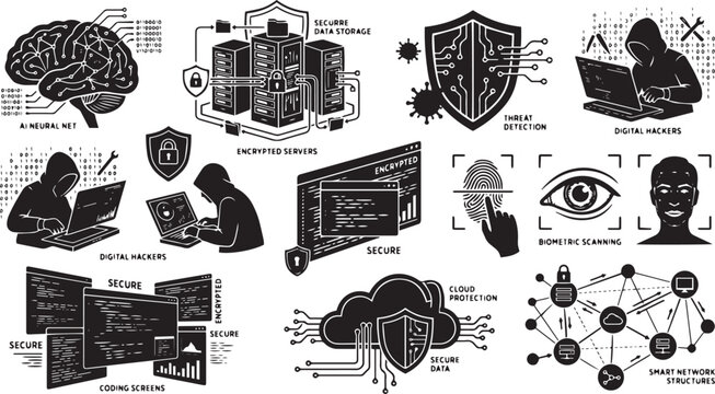 Hand drawn vector illustration set of different vintage business labels, signs, and web icons in sketch doodle cartoon styles