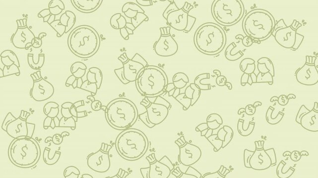 Animated finance icons drifting across a pale background video.