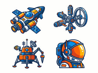 A vibrant collection of space-themed illustrations featuring a spaceship, space station, lunar lander, and an astronaut in an engaging and whimsical style. © Frank