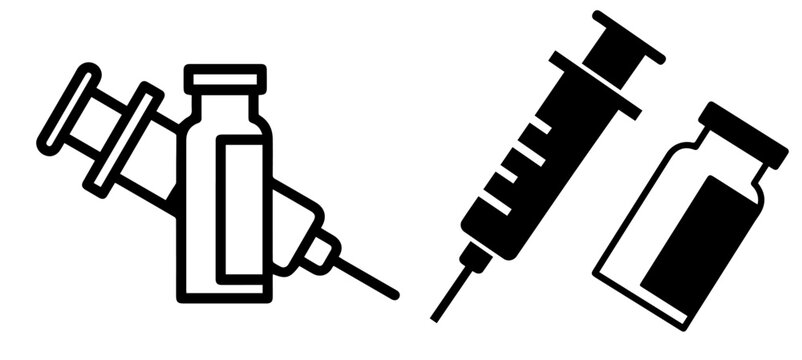 Medical syringe and vaccine vial icons, black silhouette hypodermic needle and medicine bottle vector set, healthcare immunization and injection equipment symbols on white background