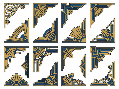An elegant collection of Art Deco style decorative corner designs, showcasing geometric patterns and intricate detailing that highlight classic design aesthetics.