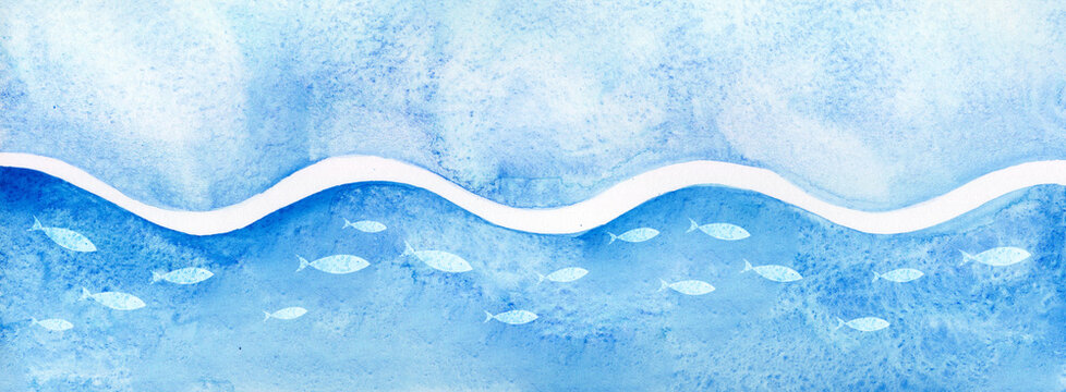 Abstract blue watercolor ocean wave with swimming fish and copy space
