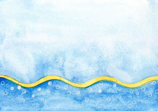 Abstract watercolor background of blue ocean waves and bubbles