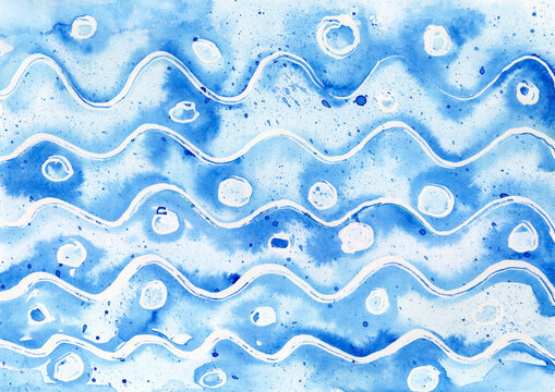 Abstract blue watercolor background with sea wave and bubble pattern