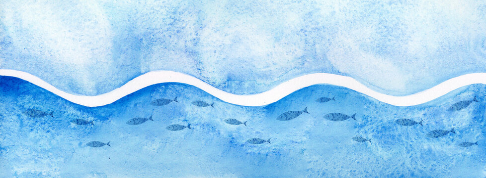 Abstract blue watercolor ocean wave with school of fish banner