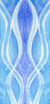 Abstract blue watercolor painting with flowing wave pattern