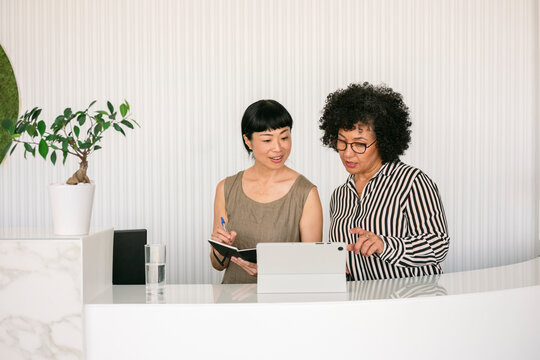 Team of receptionists working together at modern hotel front desk