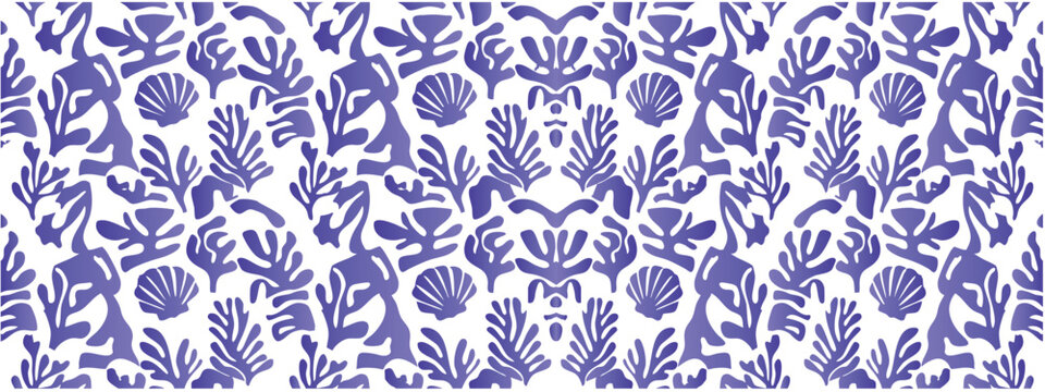 Art & Blue and white seamless coral and seashell pattern background