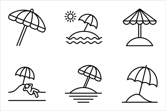 Beach umbrella linear icon set. vacation and sea beach symbols. vector illustration on white background