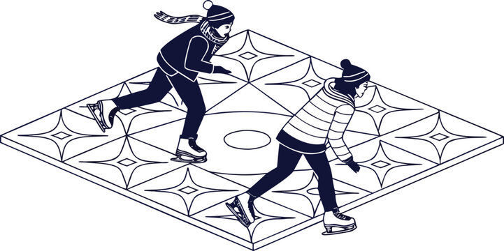 Illustration of two people ice skating on a patterned rink