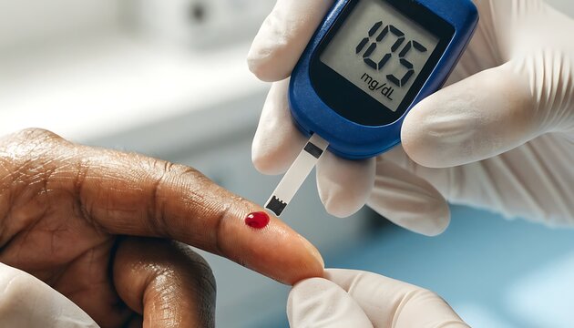 Person checking blood sugar level with digital glucose meter at home healthcare setting