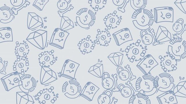 Animated doodle collage of finance icons in motion.