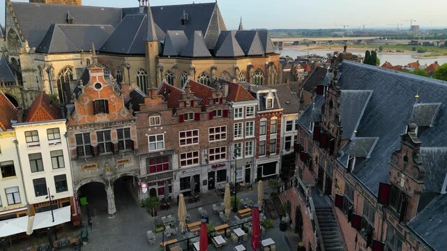 Nijmegen, Netherlands - June 18th, 2023: Grote Markt and the St. Stephen's Church in the city center, a drone aerial view