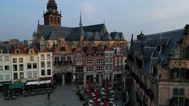 Nijmegen, Netherlands - June 18th, 2023: Grote Markt and the St. Stephen's Church in the city center, a drone aerial view
