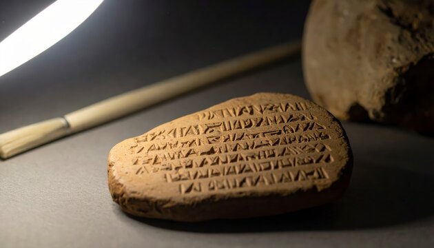 Ancient Ugaritic cuneiform script impressed into a small, well-preserved clay tablet, revealing historical writing.