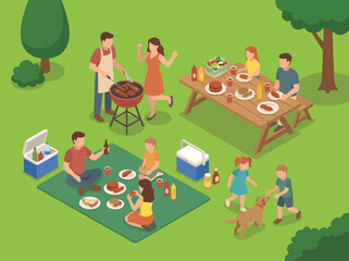Fototapeta premium A lively family picnic scene featuring barbeque grilling, laughter, and a variety of delicious food, perfect for capturing joyful moments and creating lasting memories outdoors.