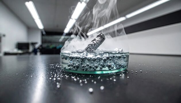 A small pellet of pure lithium metal vigorously reacting with water, generating steam and bubbles within a glass dish on a laboratory bench.
