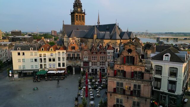 Nijmegen, Netherlands - June 18th, 2023: Grote Markt and the St. Stephen's Church in the city center, a drone aerial view
