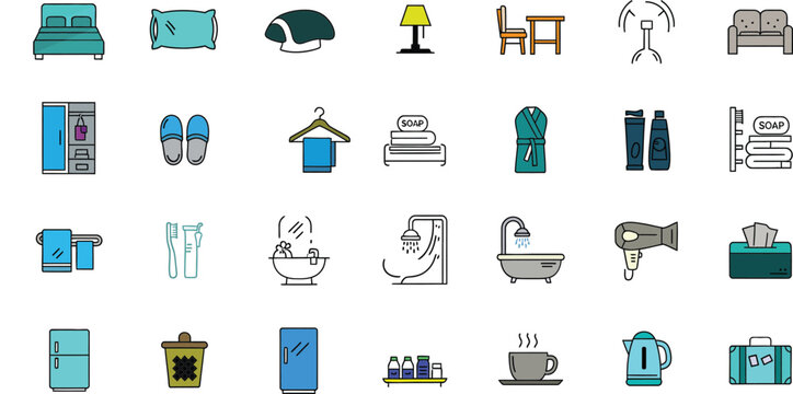 Hotel room and bathroom amenities vector icons set
