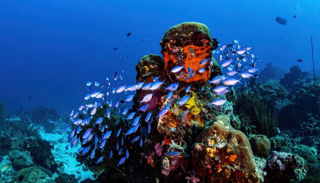 A school of tiny angelfish swims in formation around a vibrant coral head in the deep blue ocean underwater.