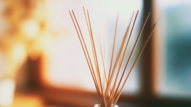 aroma diffuser sticks soft blurred background cozy home atmosphere warm light relaxation detail