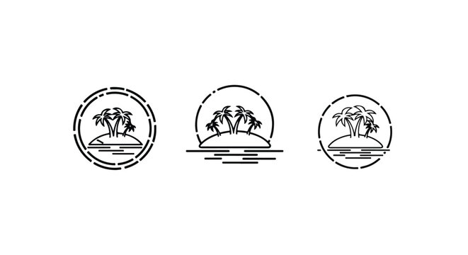 Tropical palm trees in circular frames with dotted line art
