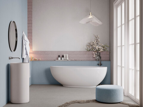 Modern stylish bathroom interior with white bathtub