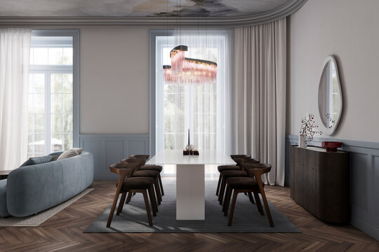 Elegant neoclassic interior with dining table and blue sofa
