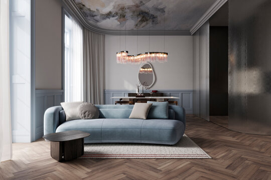 Modern neoclassic living room with a blue sofa and ceiling fresco