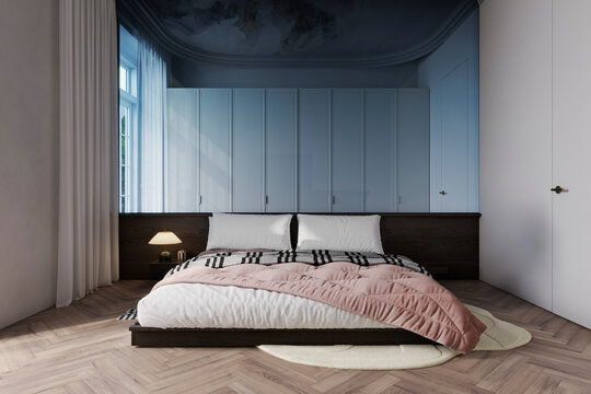 Stylish neoclassic bedroom interior in light blue and pink