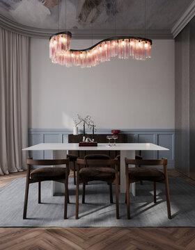 Neoclassic dining room interior with modern chandelier and table