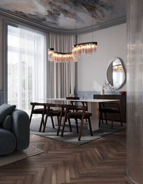 Neoclassic living and dining room interior with elegant chandelier