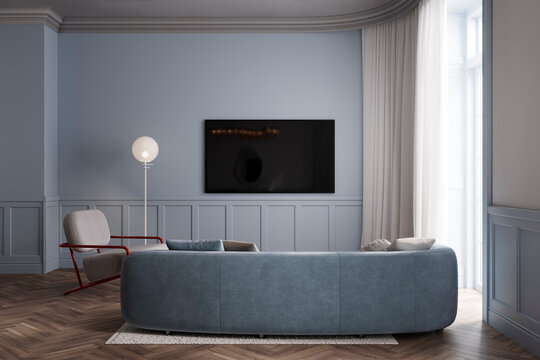 Light blue neoclassic living room interior with sofa and TV