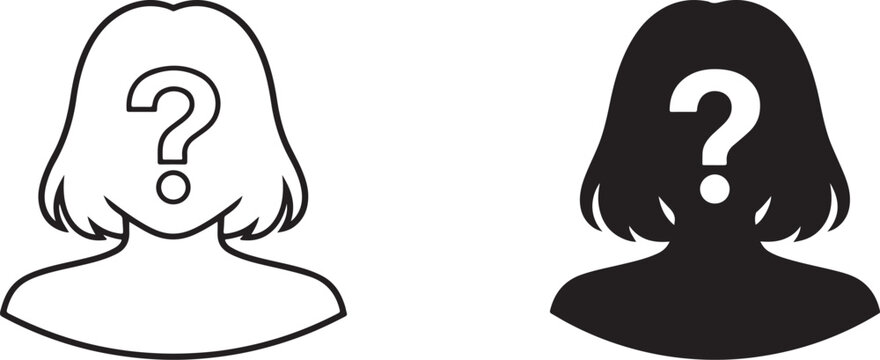 Unknown female user profile black silhouette and outline line art.