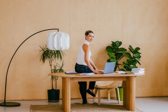 Business manager sitting on desk with computer in modern office