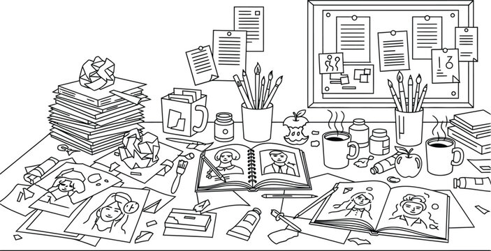 A cluttered desk with various office supplies and papers scattered all over it