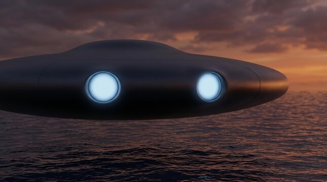 A futuristic UAP illustration with glowing lights hovers over the ocean at dramatic sunset.