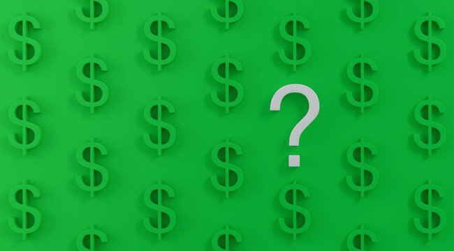 Question mark among green dollar signs showing financial uncertainty