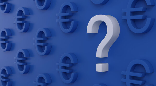 White question mark among blue euro symbols indicating uncertainty